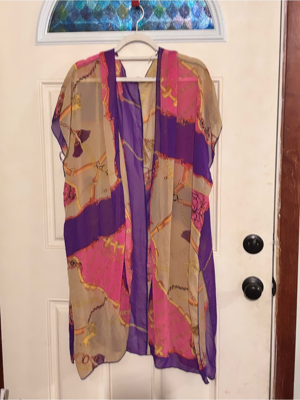 Rainbow Purple and Pink Sheer Scarf-Print Kimono